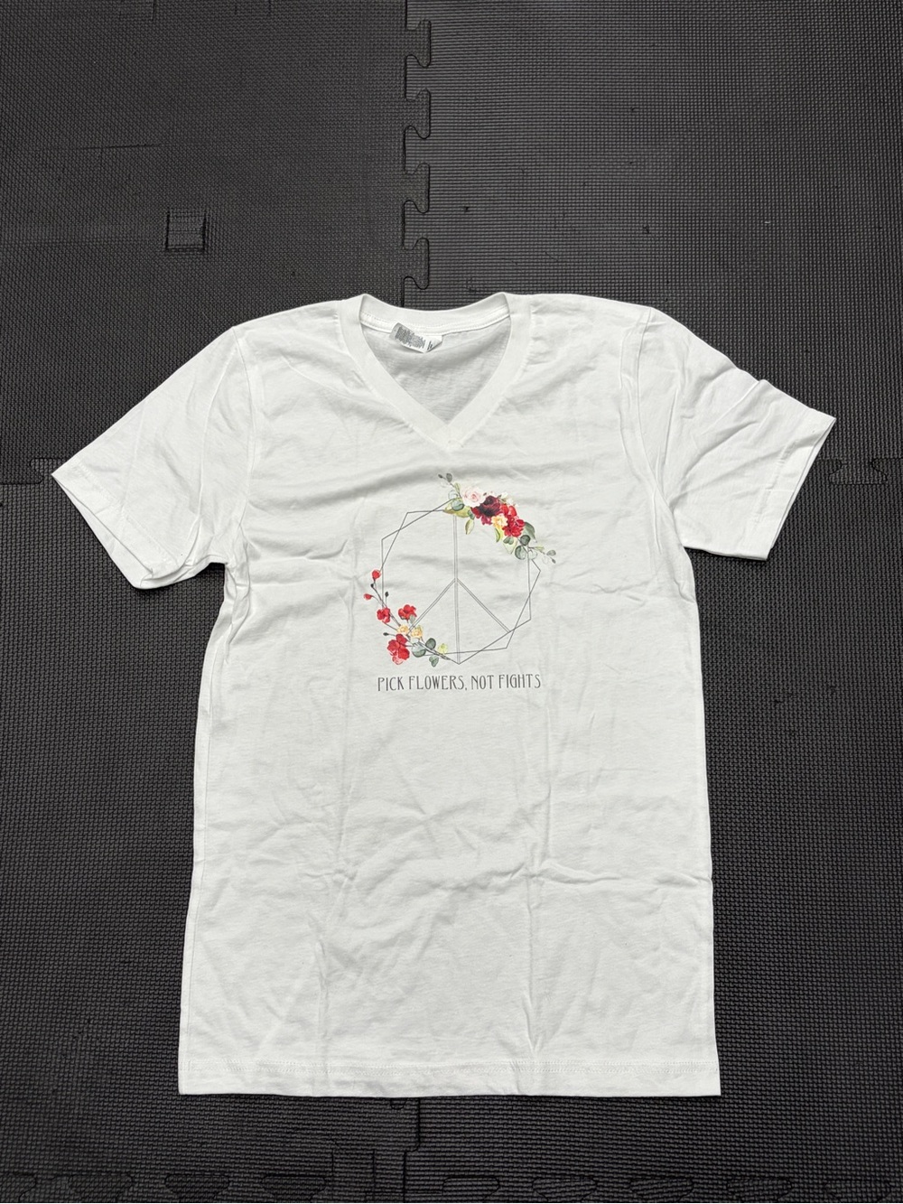 White V-Neck T-Shirt with Floral Geometric Print